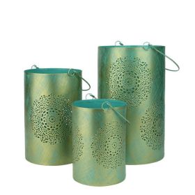 Set of 3 Turquoise Blue and Gold Decorative Floral Cut-Out Pillar Candle Lanterns 10"