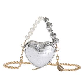 Mini Love-shape Pearls Handbag Fashion Cute Chain Lipstick Bag Women's Bright Candy Color Shoulder Messenger Bag (Color: Silver)