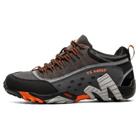 Outdoor Lover Trekking Shoes Men Waterproof Hiking Shoes Mountain Boots Genuine Leather Woodland Hunting Tactical Shoes (Color: Dark grey orange, size: 39)