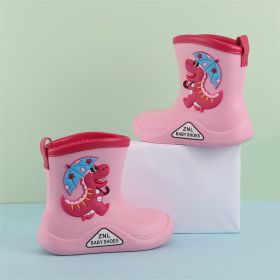 Waterproof Children Rubber Shoes Cute Dinosaur Pattern Water Shoes for Baby Girl Boy Rain Boots Kids Dabble Beach Shoes E10142 (Color: Pink2, size: Inner 16 cm)