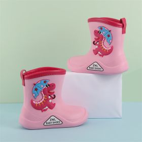 Waterproof Children Rubber Shoes Cute Dinosaur Pattern Water Shoes for Baby Girl Boy Rain Boots Kids Dabble Beach Shoes E10142 (Color: Pink2, size: Inner 18 cm)