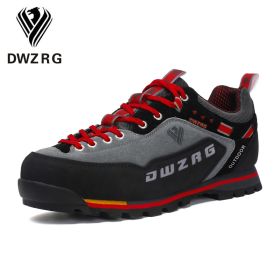 DWZRG Waterproof Hiking Shoes Mountain Climbing Shoes Outdoor Hiking Boots Trekking Sport Sneakers Men Hunting Trekking (Color: Gray Red, size: 39)