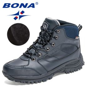 BONA 2022 New Designers Casual Winter Outdoor Snow Shoes Men Fashion Action Leather Plush Warm Boots Man High Top Hiking Shoes (Color: Deep blue S gray, size: 9)