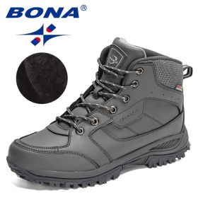 BONA 2022 New Designers Casual Winter Outdoor Snow Shoes Men Fashion Action Leather Plush Warm Boots Man High Top Hiking Shoes (Color: Dark grey S gray, size: 9)