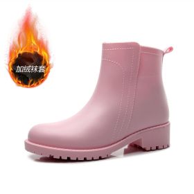 Chelsea Rain Shoes Woman Ankle Rainboots Rubber Boots Non-slip Water Shoes Female Galoshes Overboot for Adult934 (Color: pink with plush, size: 40)